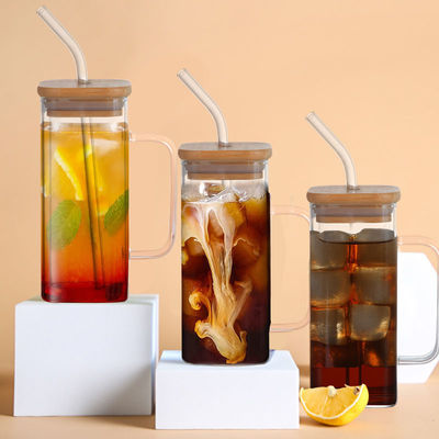 Βιώσιμη 350 ml Διαφανές γυάλινο ποτήρι ποτήρι παγωμένο φλιτζάνι καφέ τσαγιού με καπάκι και λαβή από άχυρο