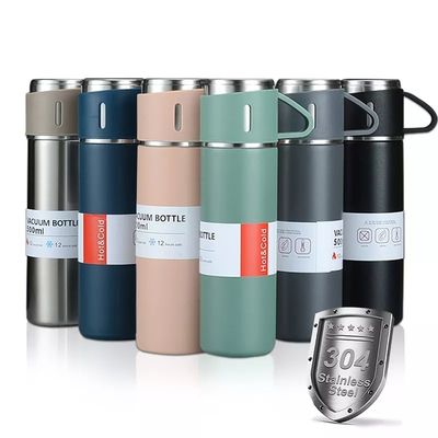 500 ml διπλό τοίχωμα φορητό μπουκάλι από ανοξείδωτο χάλυβα με δύο φλιτζάνια καφέ