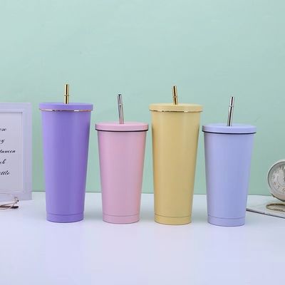 Χρωματισμένο 500ml 750ml Δύο τοίχοι ατσάλινο κενό ποτήρι με καλαμάκι μονωμένο καφέ tumbler