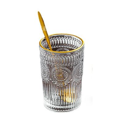 Προσαρμοσμένο πρότυπο 300ml 380ml Ρέτρο ανάγλυφη γυάλινη κούπα με χρυσό περιθώριο και ηλιόφυλλο σχεδιασμό