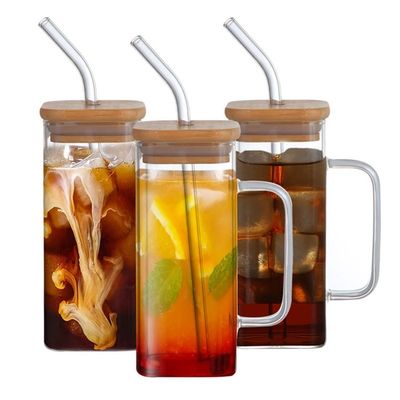 Βιώσιμη 350 ml Διαφανές γυάλινο ποτήρι ποτήρι παγωμένο φλιτζάνι καφέ τσαγιού με καπάκι και λαβή από άχυρο