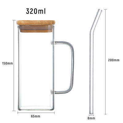 Βιώσιμη 350 ml Διαφανές γυάλινο ποτήρι ποτήρι παγωμένο φλιτζάνι καφέ τσαγιού με καπάκι και λαβή από άχυρο