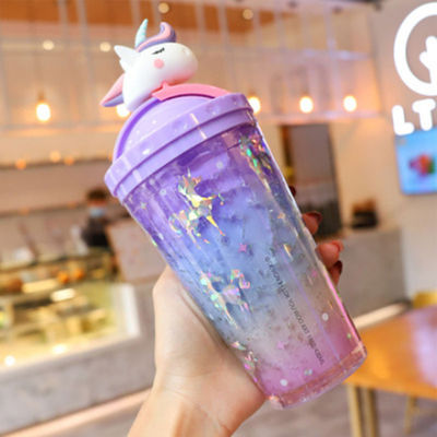 14OZ Σύγχρονο διπλό τοίχωμα μονόκερος πλαστικό φλιτζάνι μονωμένο μπουκάλι νερού με κάλυμμα και άχυρο