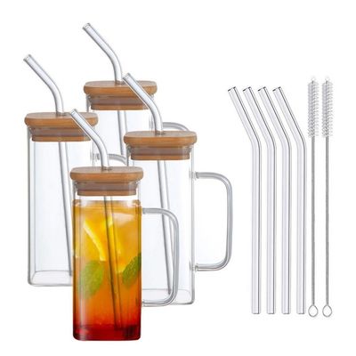 Πάρτι 350ml Custom Clear Square Glass Cold Beer Mug με κάλυμμα από μπαμπού και άχυρο