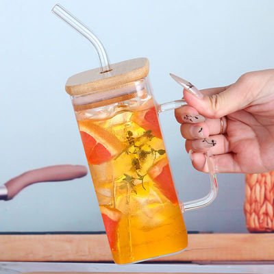 Πάρτι 350ml Custom Clear Square Glass Cold Beer Mug με κάλυμμα από μπαμπού και άχυρο