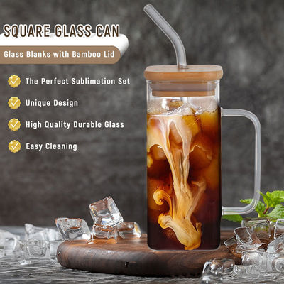 Πάρτι 350ml Custom Clear Square Glass Cold Beer Mug με κάλυμμα από μπαμπού και άχυρο