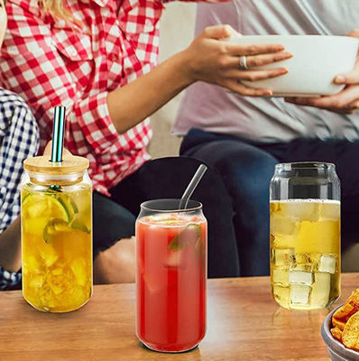 16oz γυάλινη κούπα με κάλυμμα μπαμπού για παγωτό φούσκα τσάι καφέ σόδα μπύρα μπορεί σχήμα