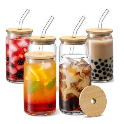 Φεστιβάλ 16oz γυάλινη μπύρα κουτάκι σε σχήμα κύπελλο με κάλυμμα μπαμπού και άχυρο