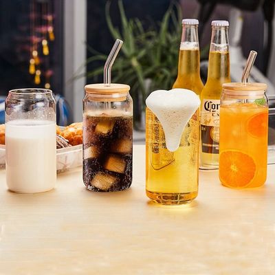 Φεστιβάλ 16oz γυάλινη μπύρα κουτάκι σε σχήμα κύπελλο με κάλυμμα μπαμπού και άχυρο
