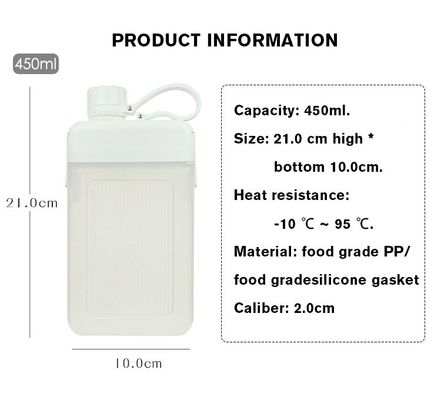 450 ml BPA ελεύθερο φορητό αδιάβροχο PP πλαστικό τετραγωνικό μπουκάλι χυμού αθλητικών με κάλυμμα και κάλυμμα