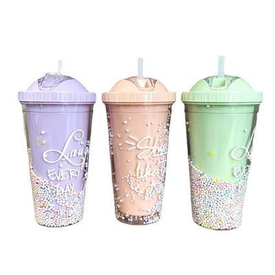 550 ml Διαφανές PC πλαστικό φλιτζάνι χωρίς BPA Διπλό τοίχωμα επαναχρησιμοποιήσιμο φλιτζάνι με καλαμάκι