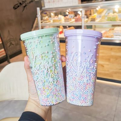 550 ml Διαφανές PC πλαστικό φλιτζάνι χωρίς BPA Διπλό τοίχωμα επαναχρησιμοποιήσιμο φλιτζάνι με καλαμάκι