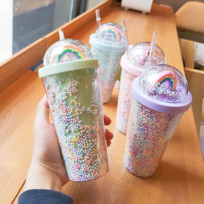 550 ml Διαφανές PC πλαστικό φλιτζάνι χωρίς BPA Διπλό τοίχωμα επαναχρησιμοποιήσιμο φλιτζάνι με καλαμάκι