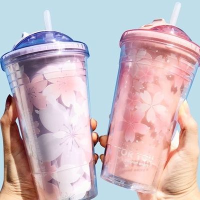 Θερμομόνωση Φιαλίδιο νερού Cherry Blossom 480ML Προσαρμοσμένο λογότυπο πλαστικό φλιτζάνι Tumbler