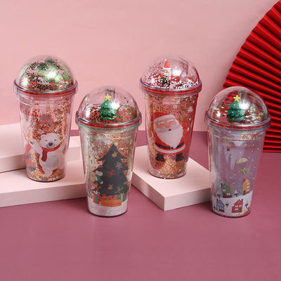 Πλαστικά χριστουγεννιάτικα φλιτζάνια 500 ml Glitter Double Wall Drinking Tumbler με καπάκια και καλαμάκια
