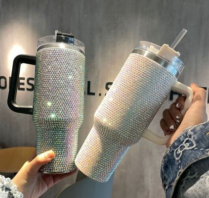 40oz διαμαντένια εμφυτεύματα από ανοξείδωτο χάλυβα μπουκάλι νερού κενό ποτήρι με άχυρο και λαβή