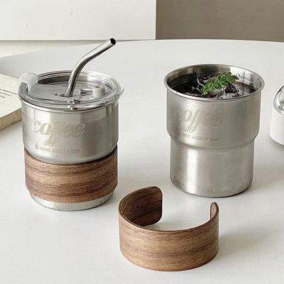 Κούπα τσαγιού καφέ από ανοξείδωτο χάλυβα με προσαρμοσμένο λογότυπο εκτύπωσης και μανίκια κατά της καύσης