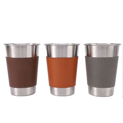 170ML 330ML 500ML Ατσάλινη Κούπα Μπύρας Φορητή Κούπα Νερού Καμπινγκ με Δερμάτινη Θήκη