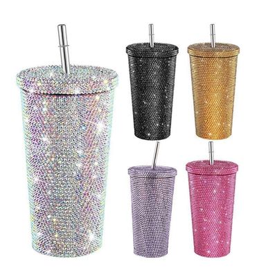 500 ml διπλό τοίχωμα μονωμένο διαμαντένιο ράφινες tumbler με αξεσουάρ με άχυρο